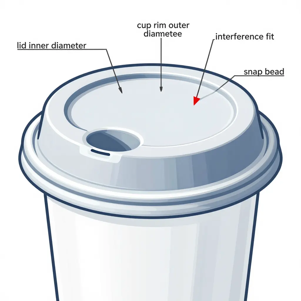 Technical cross-section of a snap-on plastic lid seated on a PET cup rim, showing the lid inner diameter, cup rim outer diameter, interference fit, and snap bead, with a red stress-concentration arrow at the rim edge.
