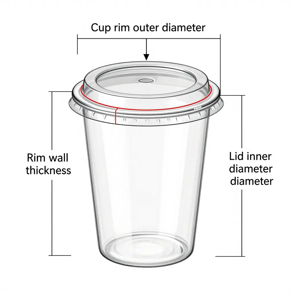 Cross-section of a PET cup rolled rim snapping into a lid, labeling cup rim outer diameter, rim wall thickness, lid inner diameter, and the interference contact zone