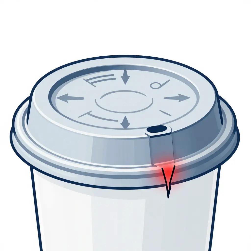 Cross-section schematic of a PET cup rim with a lid snap ring engaged, showing radial interference, hoop stress direction, and a tensile stress hotspot at the rim lip
