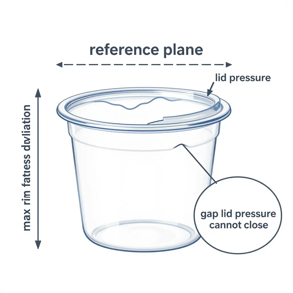 Cross-section diagram of a clear plastic condiment cup rim deviating from a reference plane, showing the gap that lid pressure cannot close