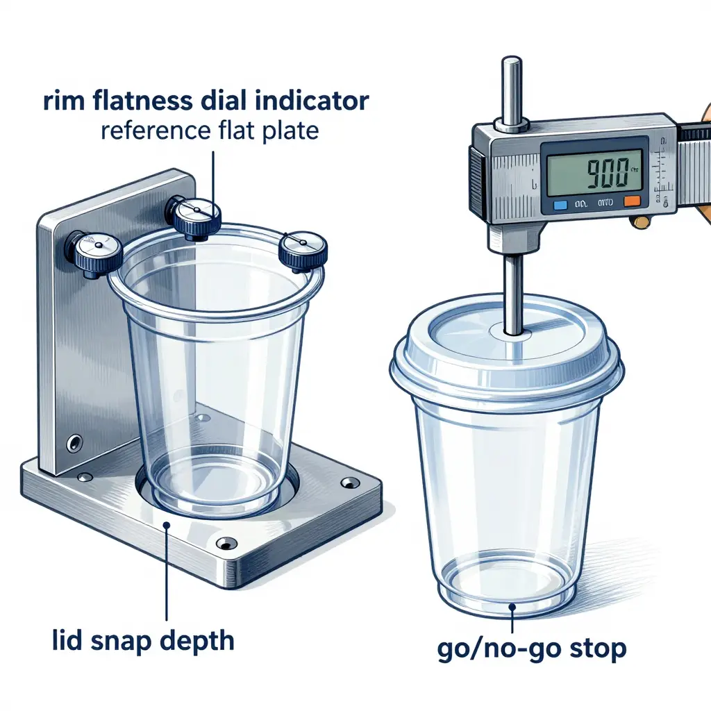 Shop-floor go/no-go fixtures for measuring rim flatness and lid snap depth on clear plastic condiment cups