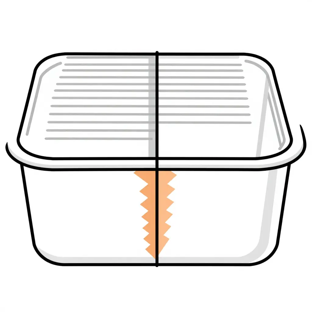 Cross-section schematic of a compartmentalized plastic food container showing the central divider wall meeting the base and side walls, with wall thickness layers and the weld/heat-seal junction zone highlighted
