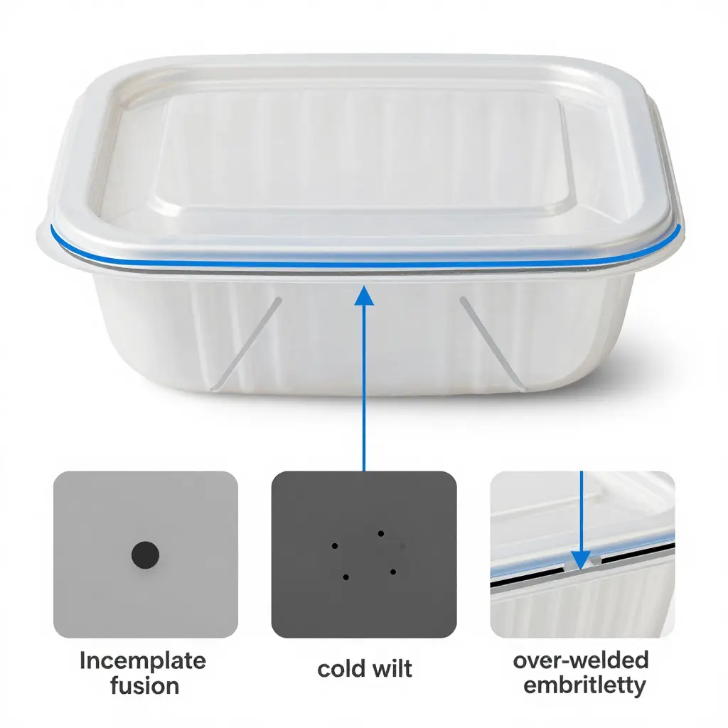 Cross-section diagram of weld seam defects in a compartmentalized plastic food container