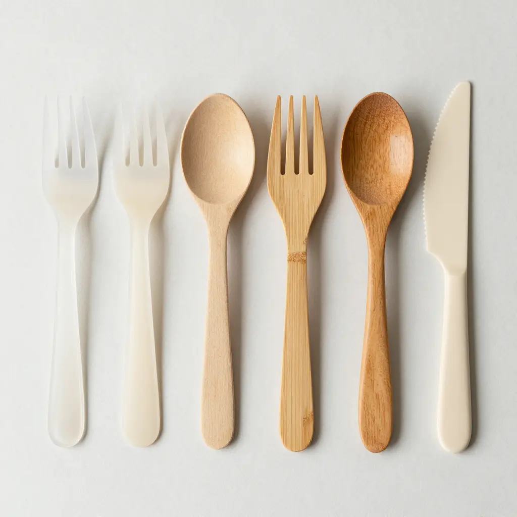 Six types of compostable cutlery - PLA, CPLA, bagasse, bamboo, wood, and PHA - arranged side by side