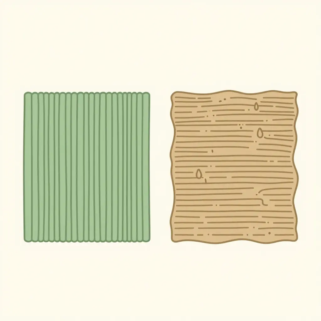 Side-by-side 2D cross-section showing an intact dry compostable utensil fiber structure compared with a swollen, weakened fiber structure after prolonged moisture absorption into the fiber matrix