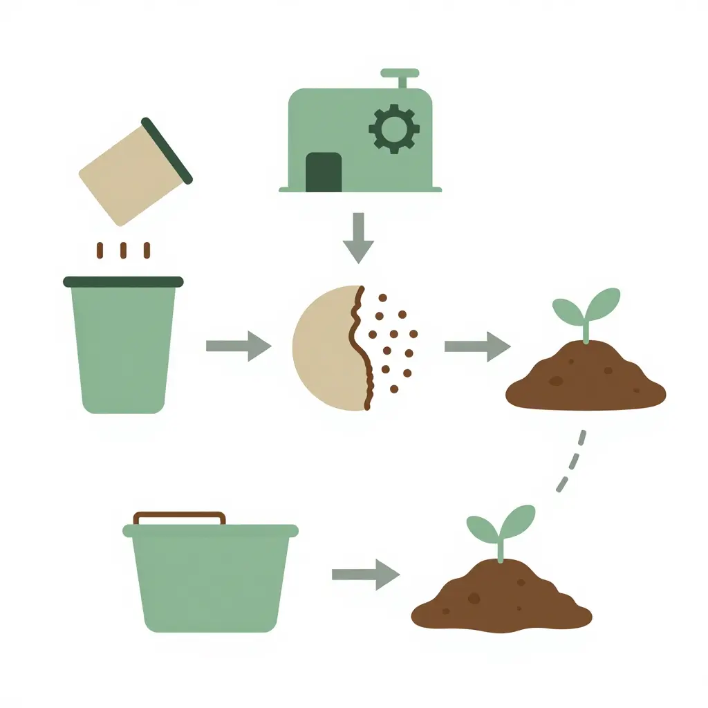 Flat 2D flow diagram showing the end-of-life pathway of a compostable paper cup: collection, industrial composting, breakdown of lining and coating, and return to soil