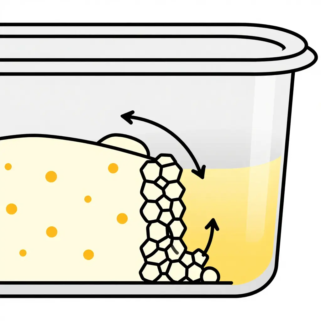 Cross-section diagram of a plastic container wall showing curry pigment molecules migrating from the food surface into the polymer matrix, with a gray-to-yellow gradient indicating deeper penetration