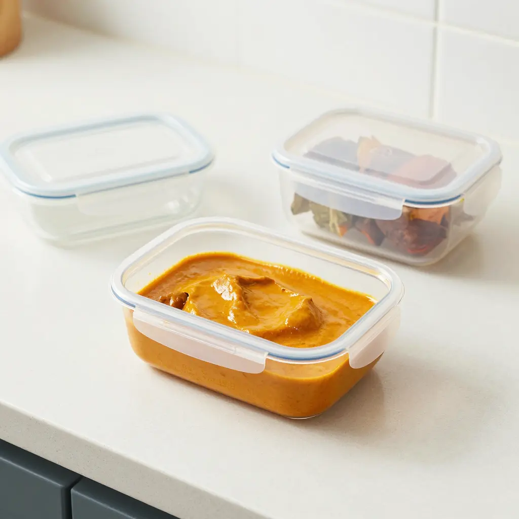 BPA-free polypropylene food storage containers with curry on a clean kitchen counter