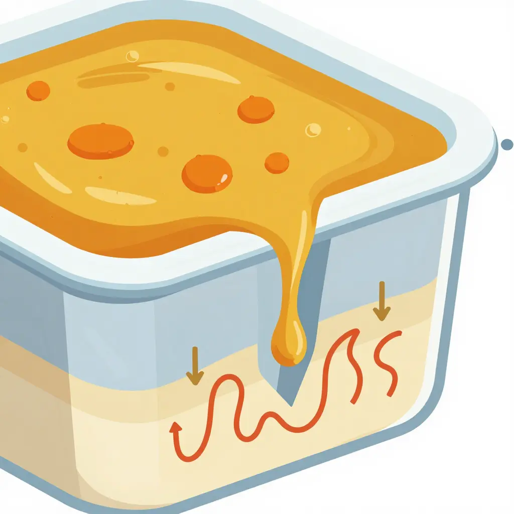 Cross-section diagram showing fat-soluble curry compounds migrating into a plastic container wall