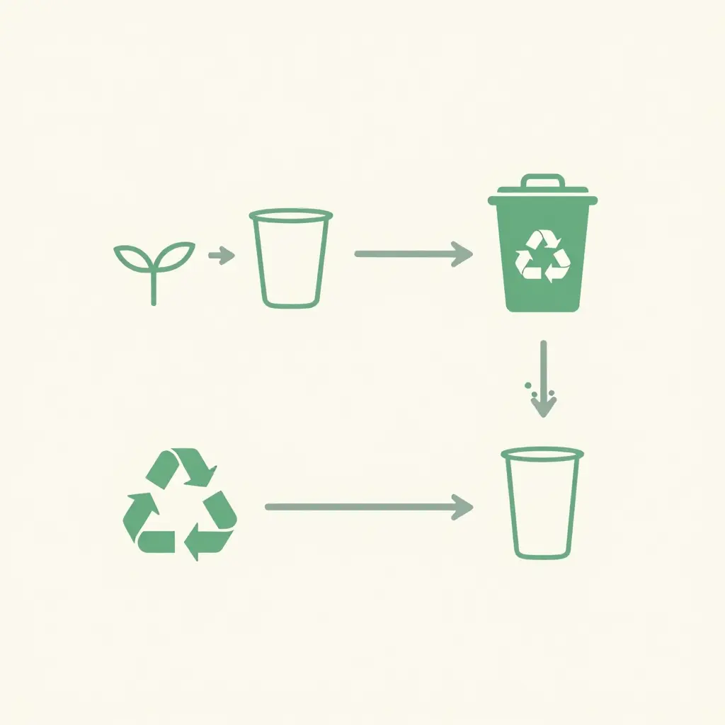 Side-by-side flat 2D diagram showing two material lifecycles: on the left, plant-based feedstock flows into a clear cup and then to industrial composting; on the right, collected PET becomes recycled flake, is turned into a new cup, and loops back into recycling