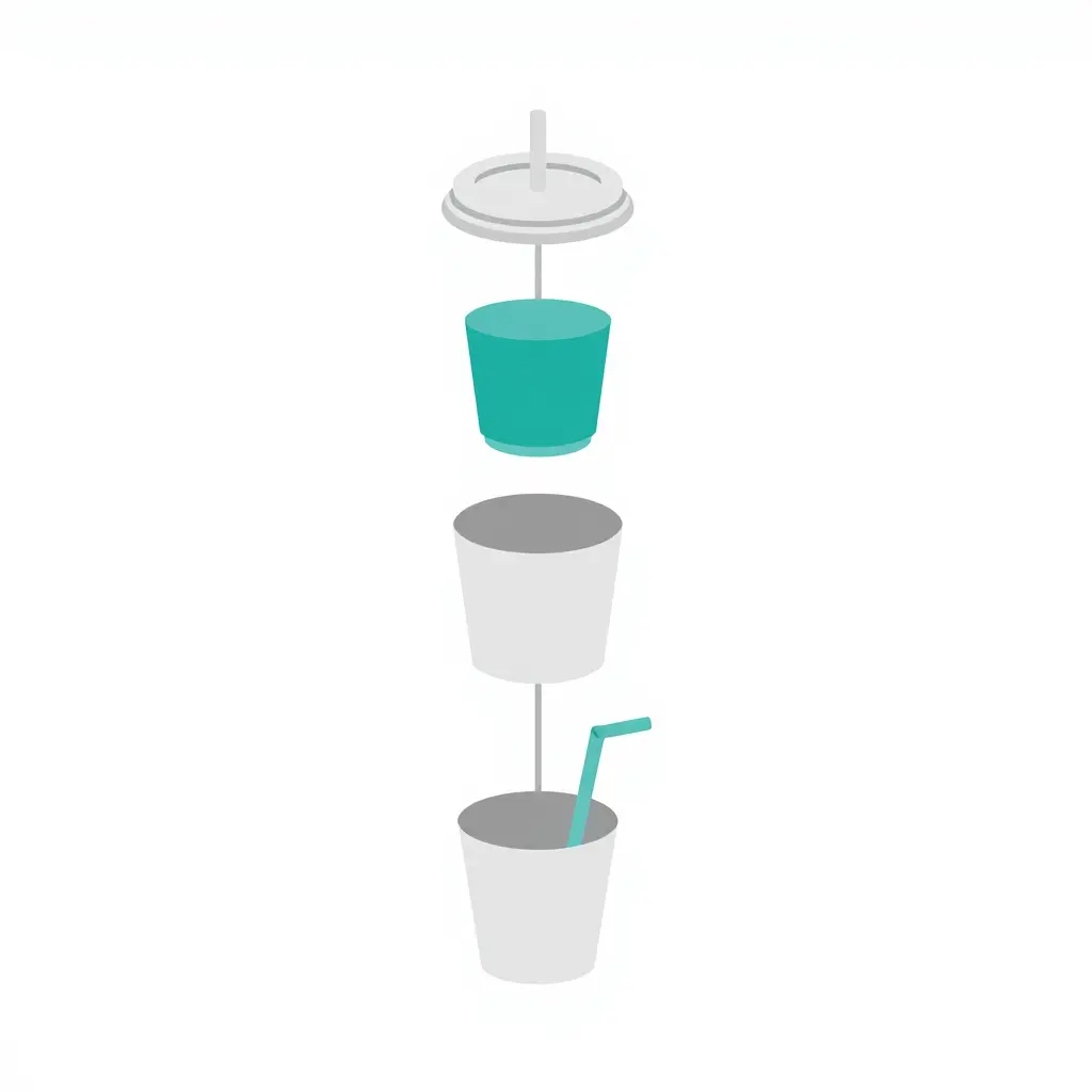Minimalist flat exploded-view diagram of a cold drink cup system showing the cup body, lid, sleeve, straw, and cup holder stacked vertically with thin connector lines