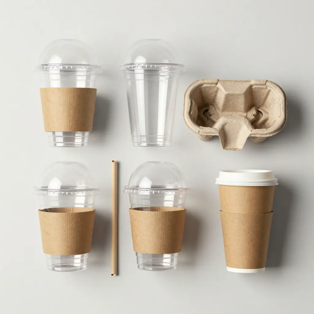 Eco-friendly clear PLA and rPET cold cups with dome lids, kraft sleeves, paper straws and a multi-cup carrier