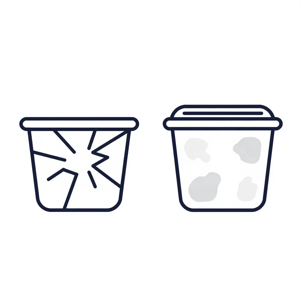 Side-by-side line drawing comparing a cracked glass food container on the left with a stained plastic food container on the right