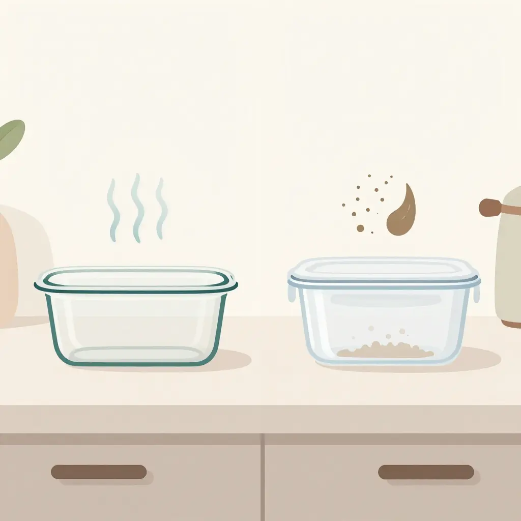 Split comparison of glass and plastic food containers showing thermal shock breakage risk versus staining and odor retention