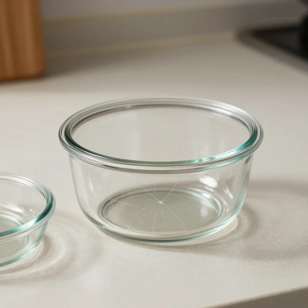 A cracked round glass food container resting beside a heat-safe borosilicate dish on a kitchen counter