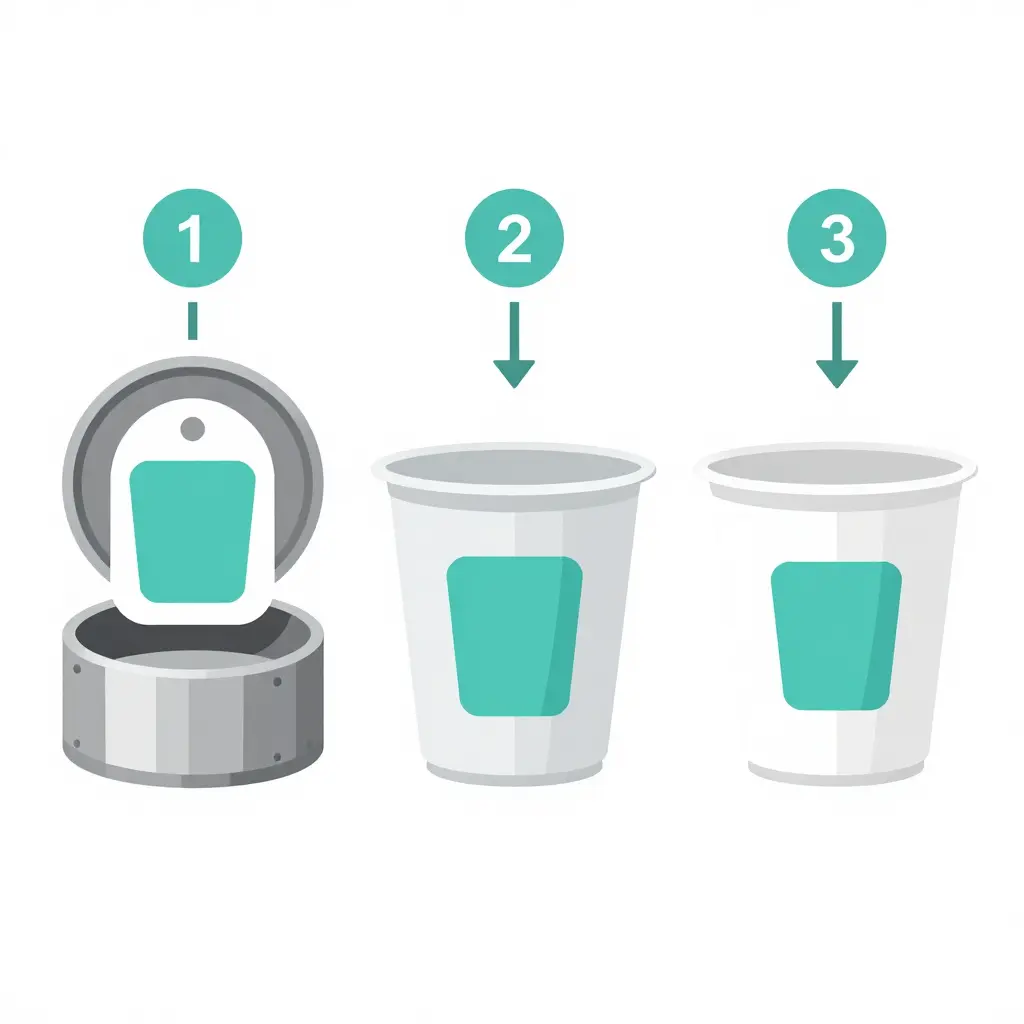 Diagram of the in-mould labelling process: a label goes into the mould, plastic is injected and fuses with it, and the finished cup comes out with the graphic embedded