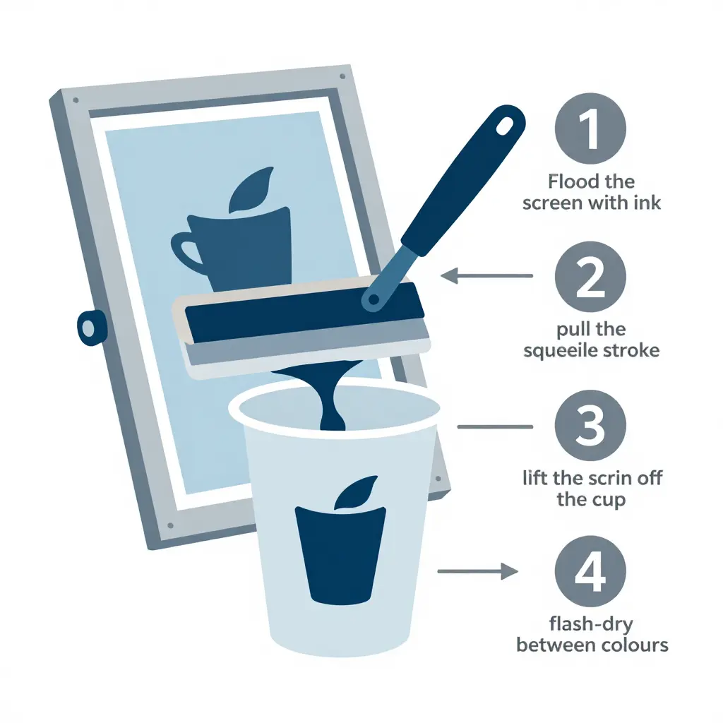 Infographic showing the screen printing process: a mesh screen with a logo stencil, a squeegee pulling ink across it, and a plastic cup being printed underneath