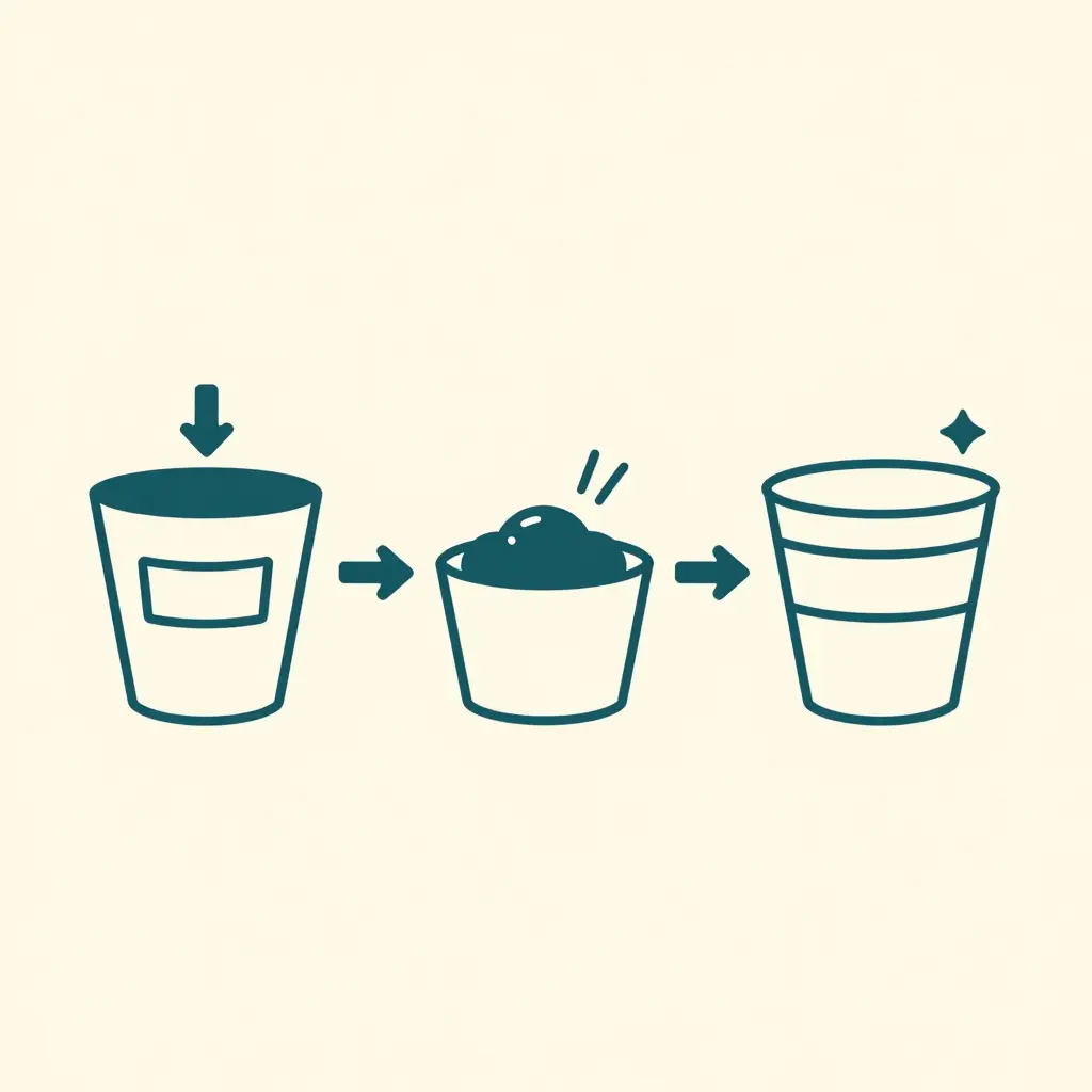 Flat two-tone schematic showing the three-step in-mould labelling process: label placed in mould, molten plastic injected and fused with the wall, finished printed cup