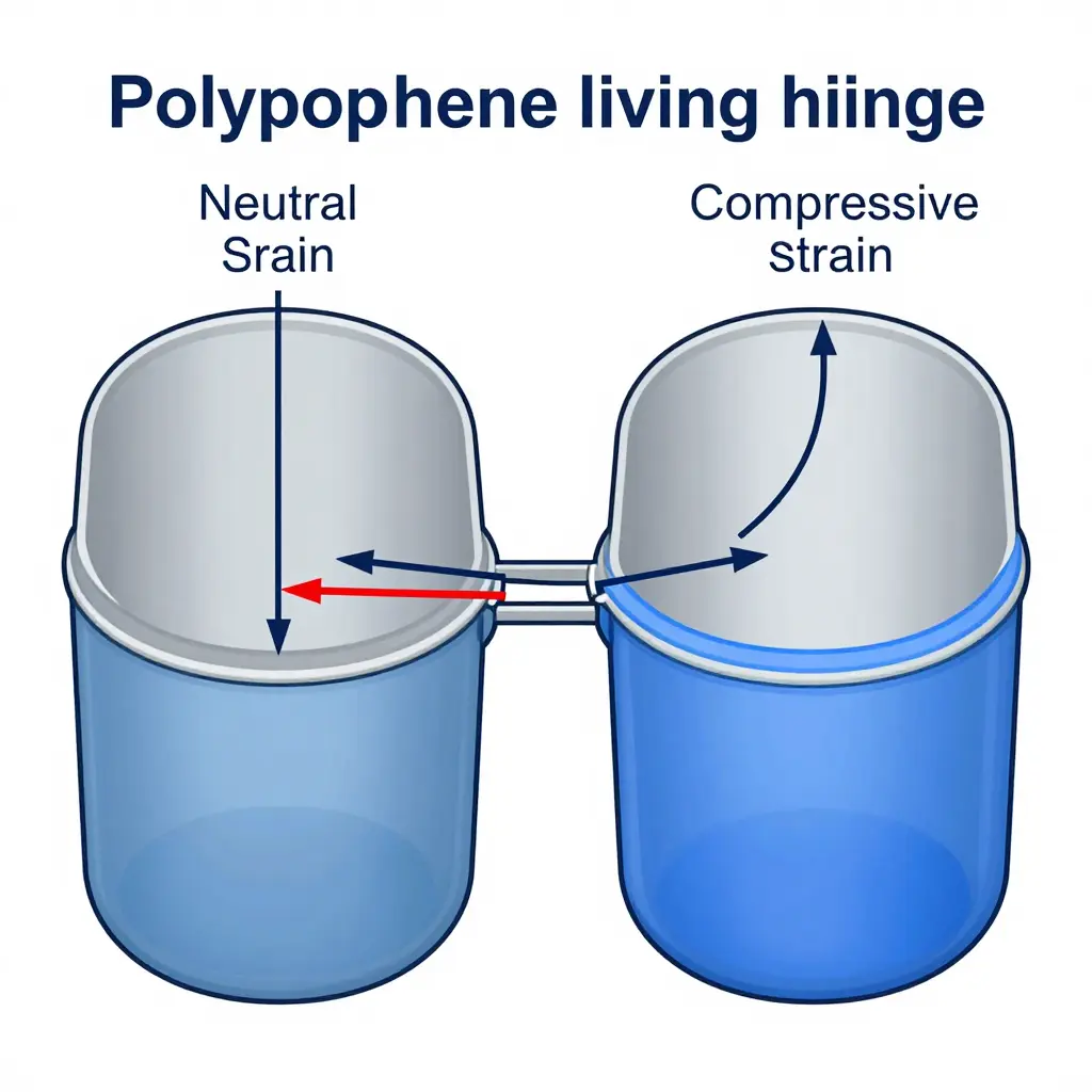 Cross-section diagram of a polypropylene living hinge showing the thin co-molded web, neutral axis, tensile strain on the outer surface, compressive strain on the inner surface, and molecular orientation arrows along the flow direction.