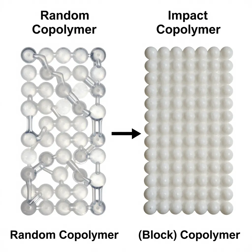 Technical schematic comparing random copolymer PP (uniform single-phase, translucent) with impact copolymer PP (discrete ethylene-propylene rubber phase domains in an opaque PP matrix)