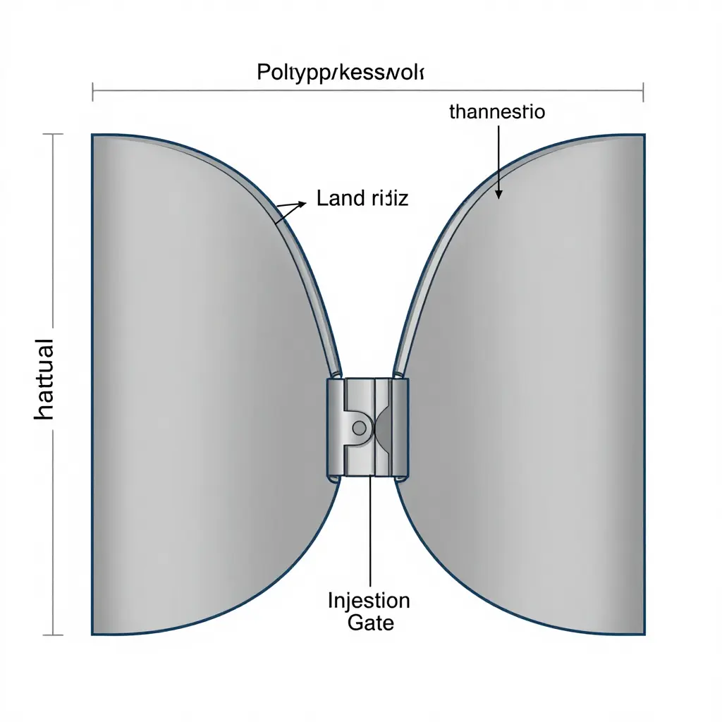 Technical cross-section of a polypropylene living hinge showing web thickness, land radius, wall transition, and gate location