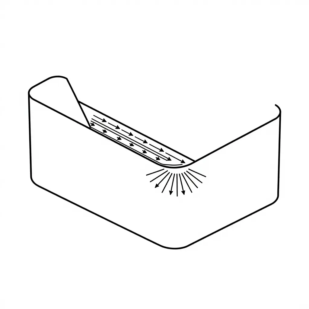 2D technical schematic of a living hinge cross-section showing two thick walls joined by a thin tapered web, with arrows indicating molecular orientation flow and tensile strain concentration at the outer surface during flexing