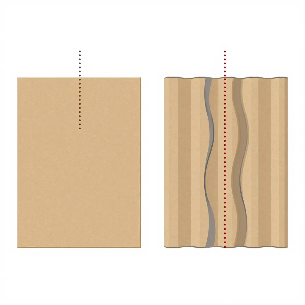 Flat 2D schematic showing two board cross-sections side by side: at left a solid single-ply kraft paperboard wall with dotted penetration arrows stopping partway into the slab, at right a single-wall corrugated construction with a wavy fluted layer between two flat liners where dotted arrows travel a longer, winding path around the flute