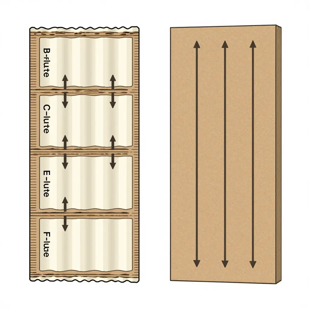 Diagram comparing vertical load paths in corrugated flute profiles versus solid kraft board