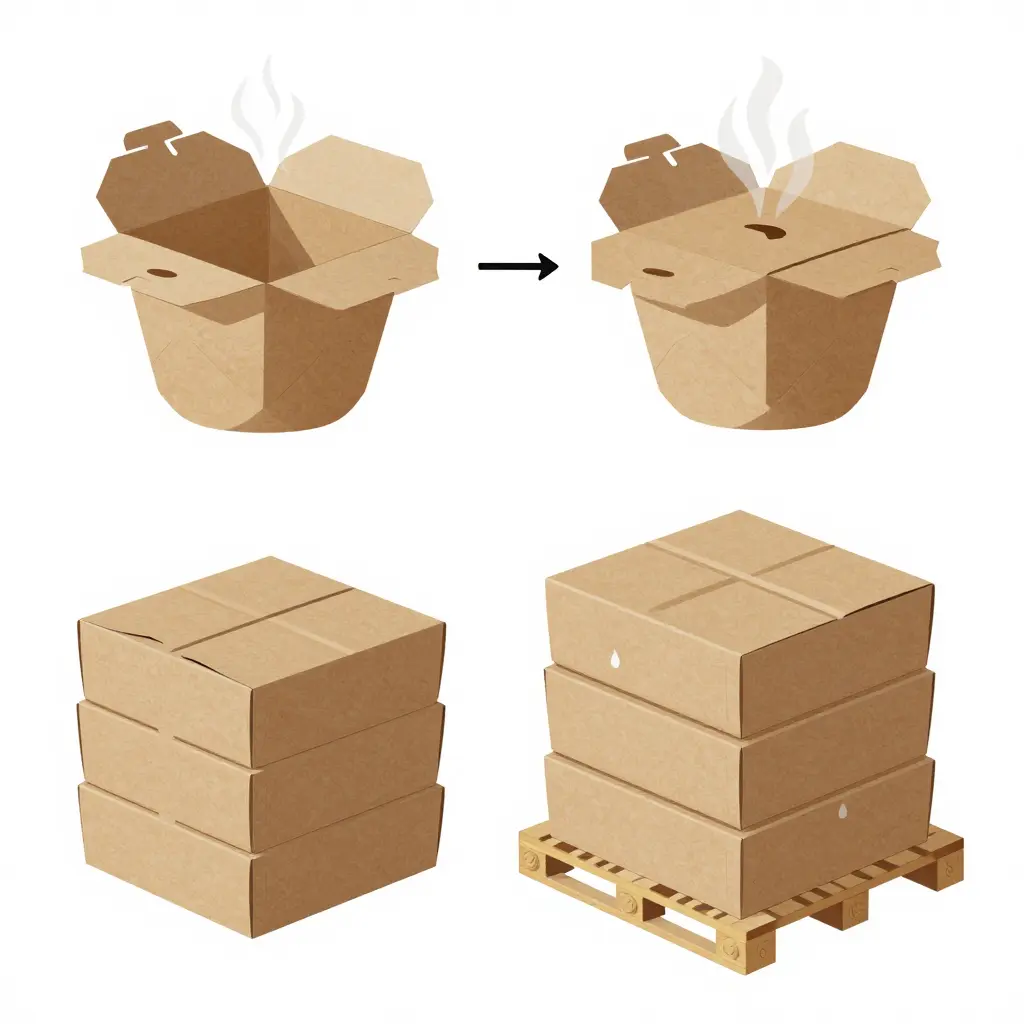 Technical diagram of a vented recycled kraft paper food box releasing steam, a correctly offset lid, and a pallet stack in dry storage