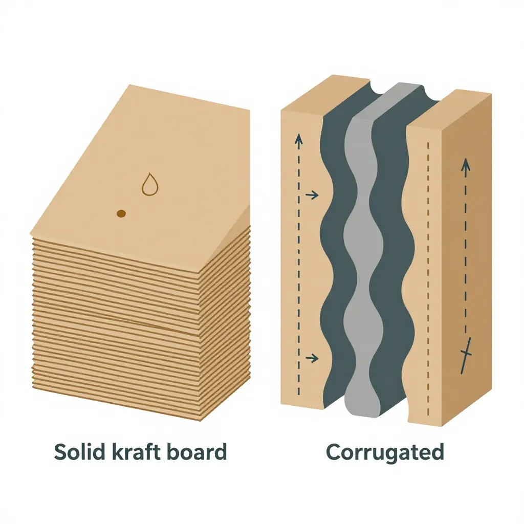 Cross-section comparison showing a dense, uniformly coated solid kraft board resisting oil penetration versus a corrugated sheet where oil wicks through flute channels