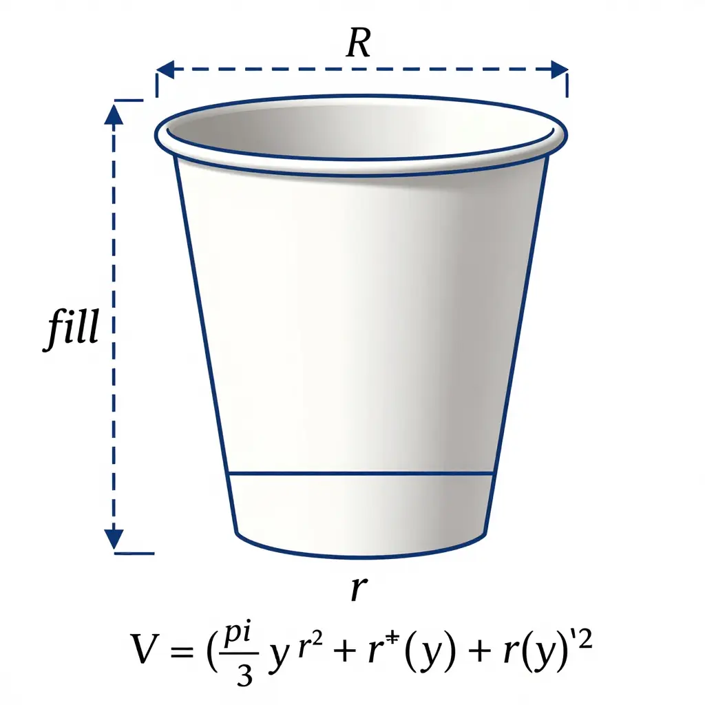 Annotated cross-section of a tapered cup shown as a frustum, labeling base radius r, rim radius R, wall height h, and fill height y measured from the base