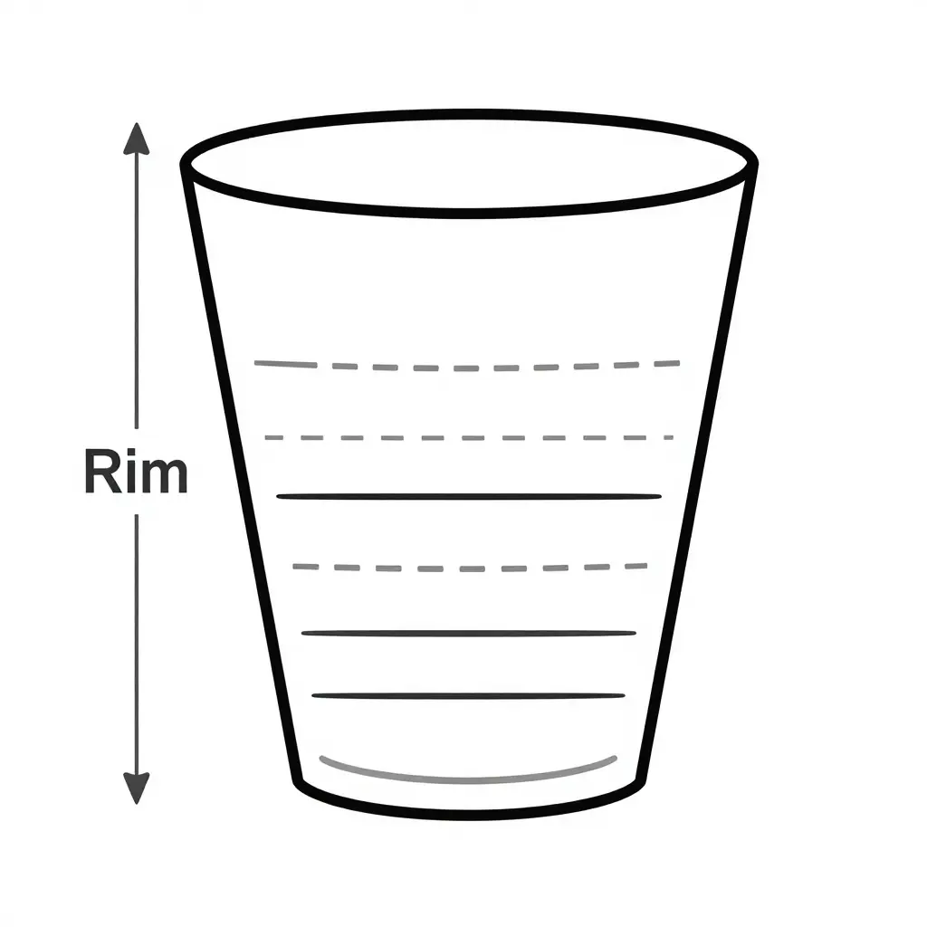 Cross-section of a tapered cup as a frustum with evenly spaced fill-level lines widening from base to rim and radius dimension arrows showing the radius growing from base to rim
