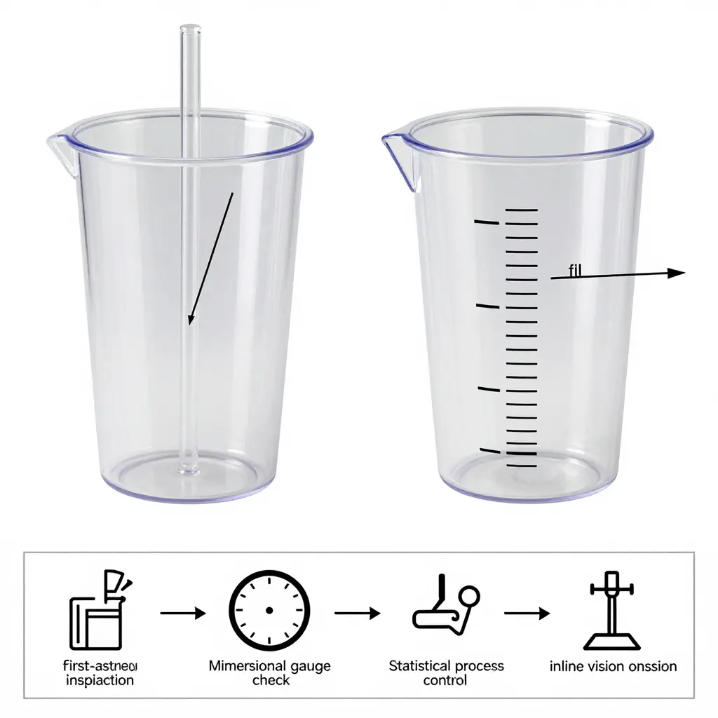 Technical schematic of a dosing cup showing mold taper angle, printed fill line registration tolerance, and a quality-control inspection flow
