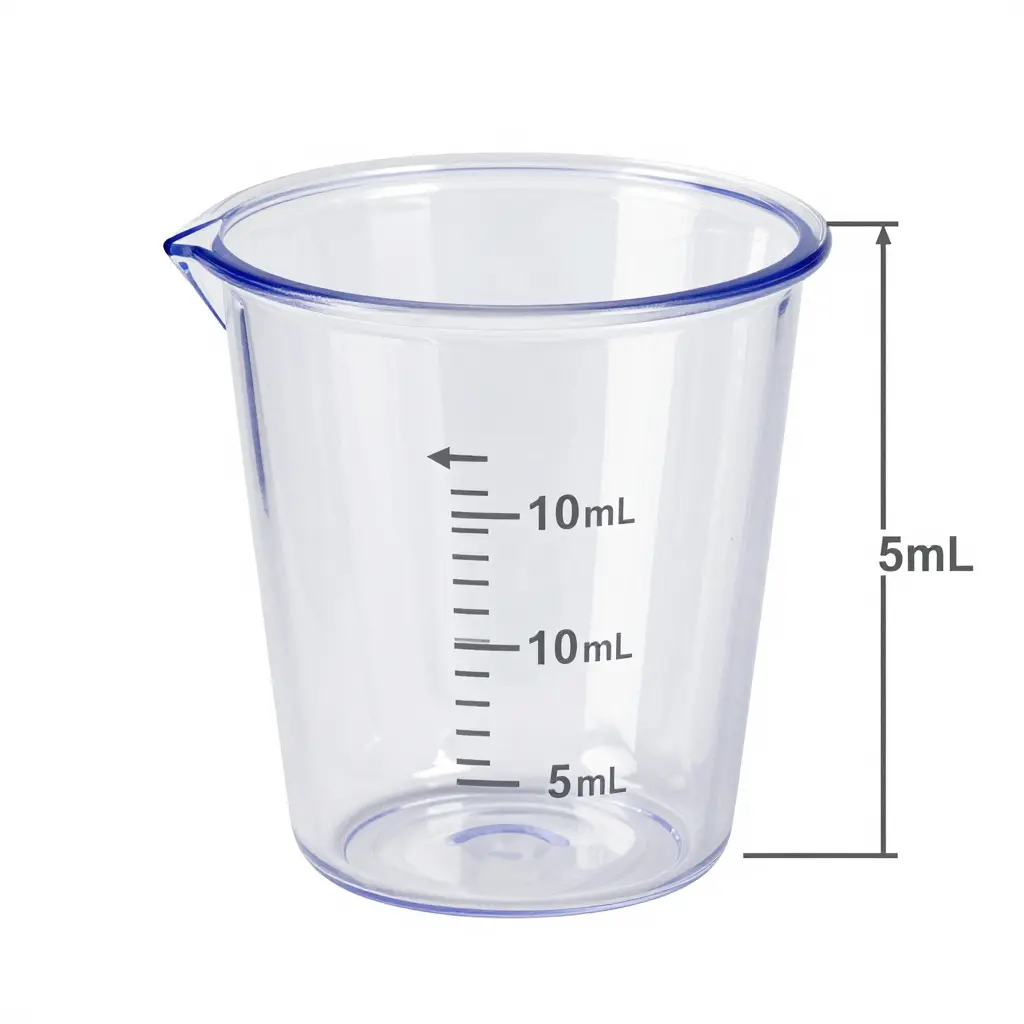 Diagram of a clear plastic medicine cup showing printed 5 mL fill lines and the sidewall taper angle from base to rim