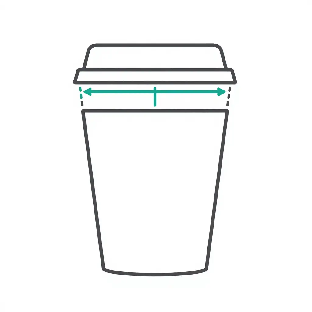 Two-dimensional technical line diagram showing where rim diameter is measured on a paper cup: a double-headed arrow spans the outer edge of the rolled top rim, with a matching arrow above marking the lid's inner rim diameter and dashed guide lines confirming the two align