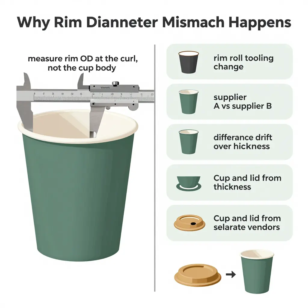 Technical diagram showing how a paper cup rim diameter is measured at the rolled curl, alongside the five common causes of rim diameter mismatch between orders