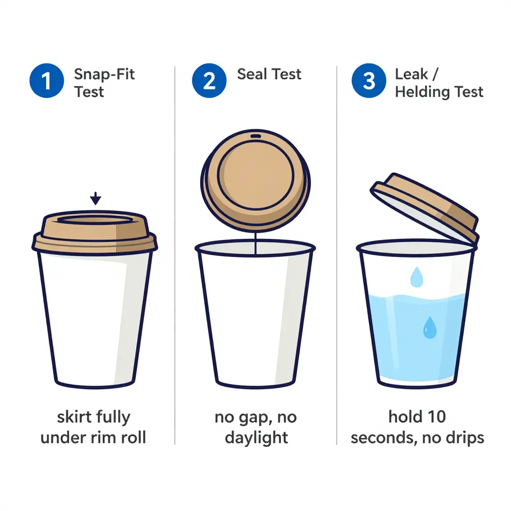 Three-step paper cup and lid fit test diagram: snap-fit test, seal test, and leak or holding test