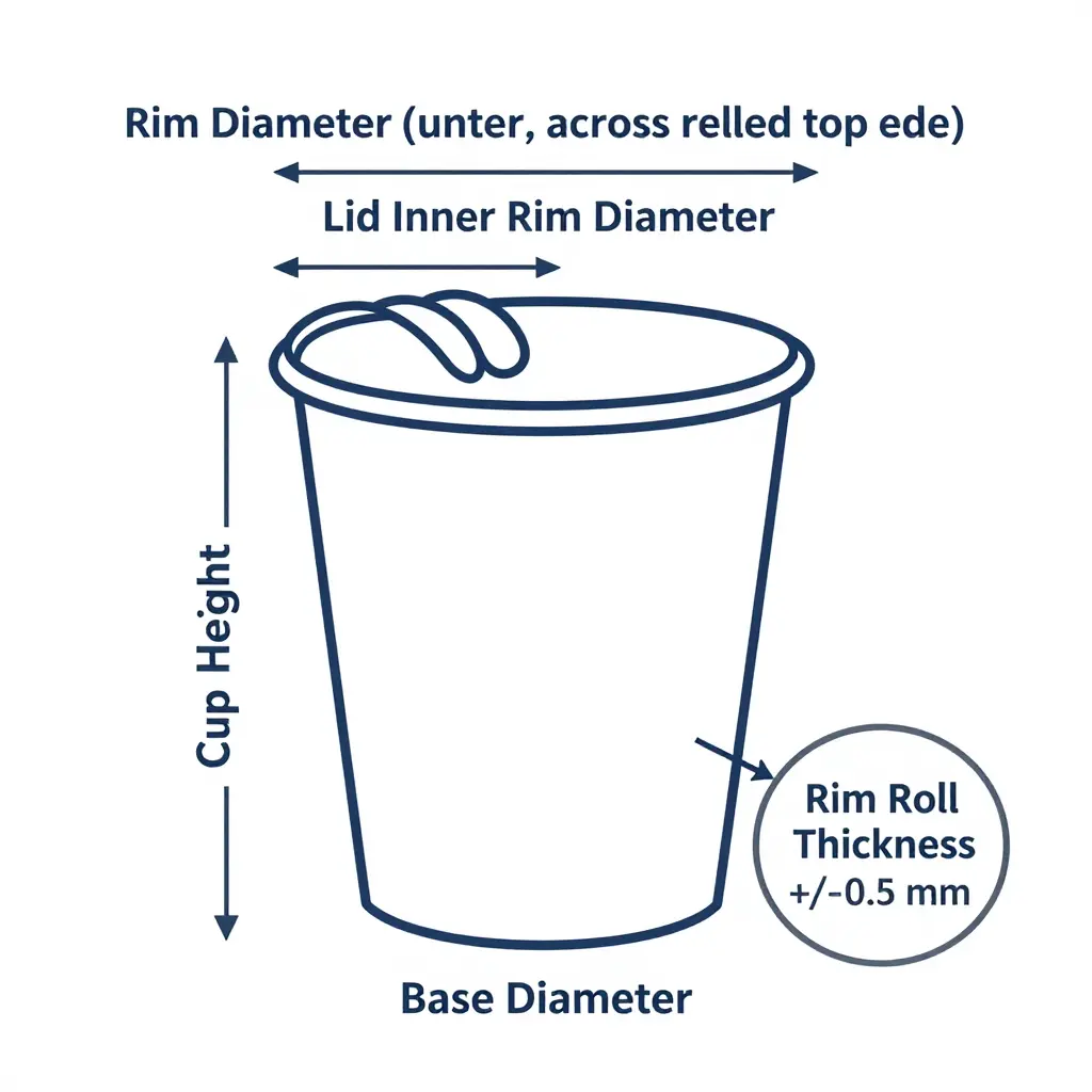 Technical diagram of a paper cup cross-section showing rim diameter measured across the rolled top edge, lid inner rim diameter, rim roll thickness, cup height and base diameter