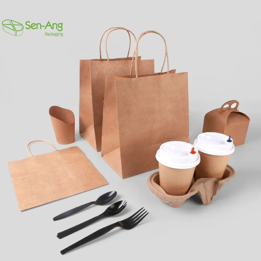 Custom Logo Take Away Bown Kraft Paper Bag with Handle