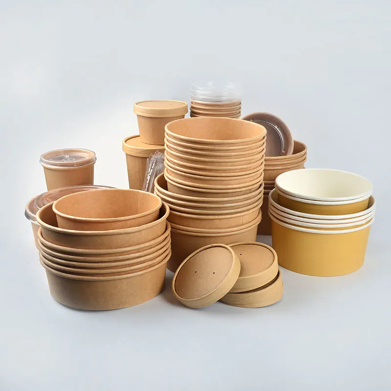 Kraft Paper Salad Bowl Waterproof Microwavable Paper Bowl with Lid