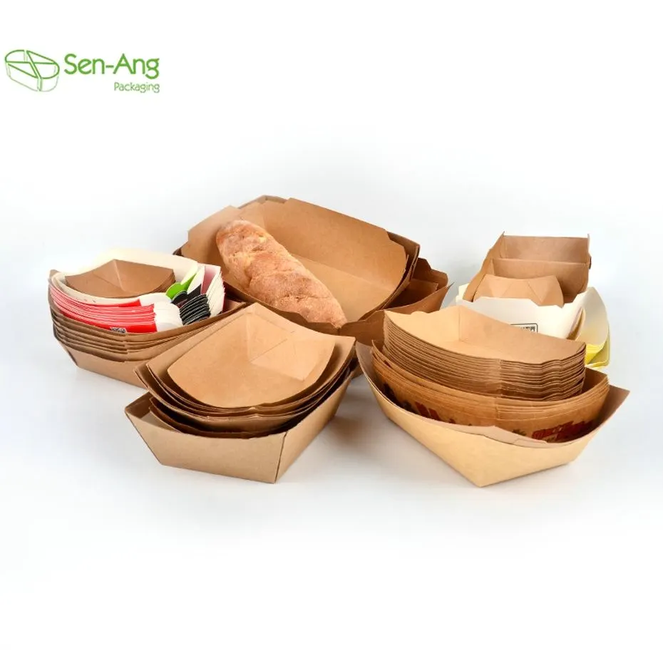 Disposable Biodegradable Recyclable Fast Food Kraft Paper Boat Tray