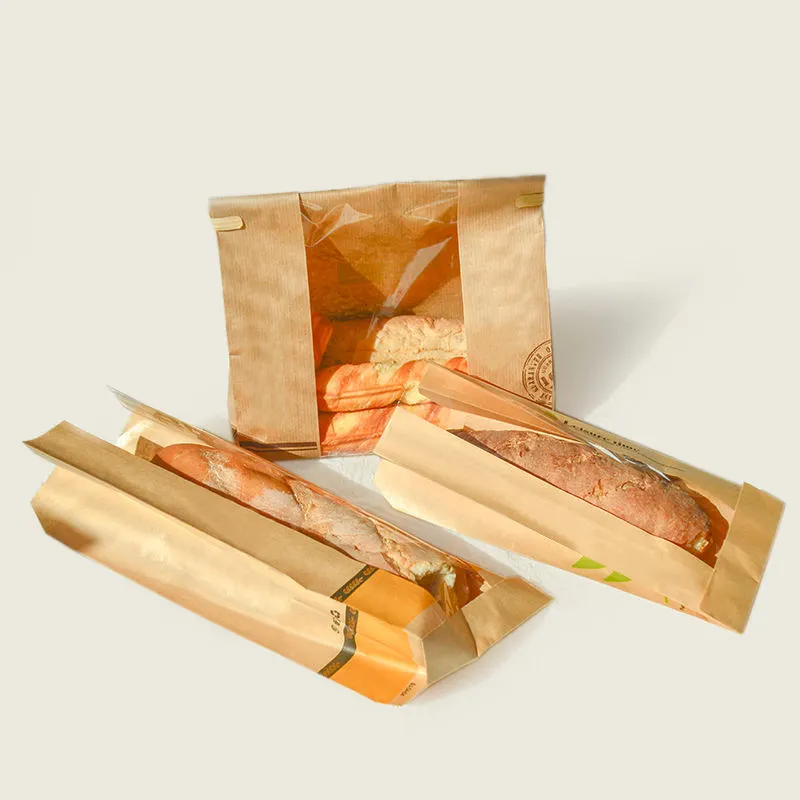 Custom Kraft Bread Bag Paper Baguette Croissant Bag with Clear Window