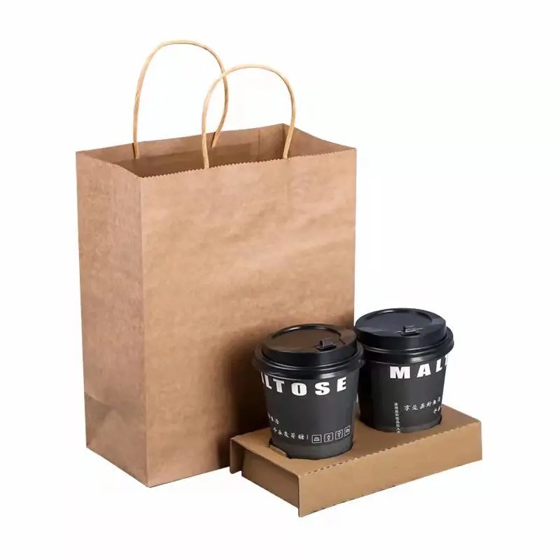 Factory Wholesale Recycled Coffee Cup Carrier Kraft Paper Shopping Bag - Image 7