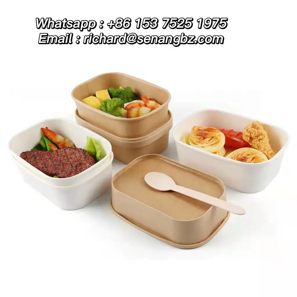 Custom Double Wall Kraft Paper PE Coating Square Fast Food Bowl - Image 4