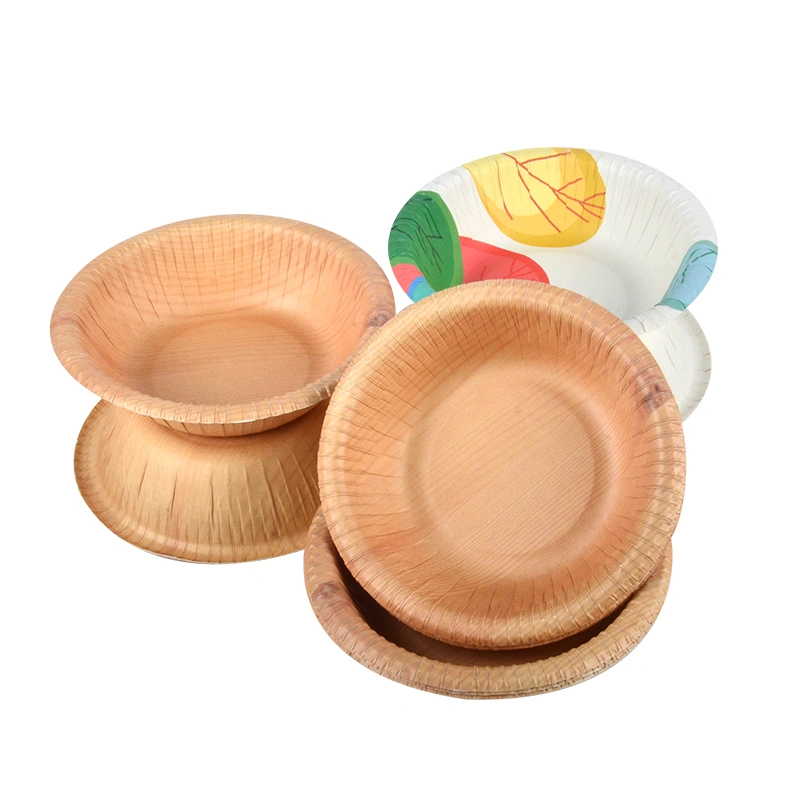 Custom Wood Grain Paper Bowl Round Disposable Salad Soup Paper Bowl