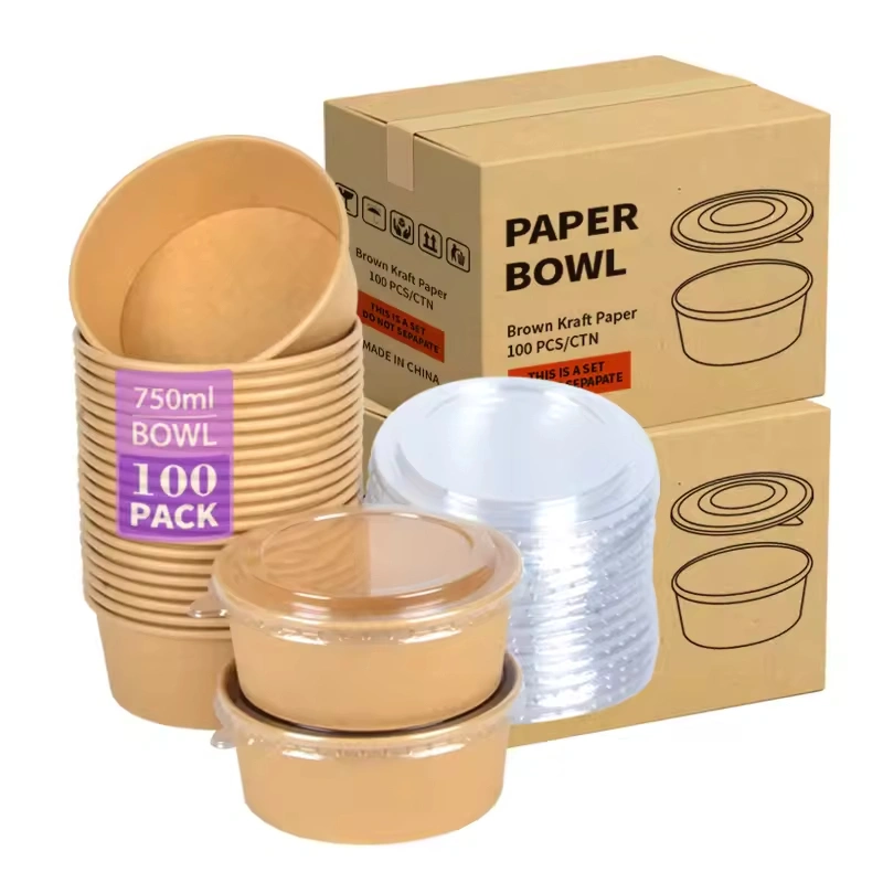 Disposable 100 Sets 500ml 1000ml Takeout Round Kraft Bowl Salad Fruits Paper Bowl