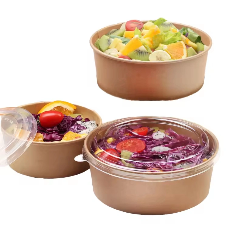 100 Sets Round Kraft Salad Paper Bowl 500ml 750ml 1500ml with Lid