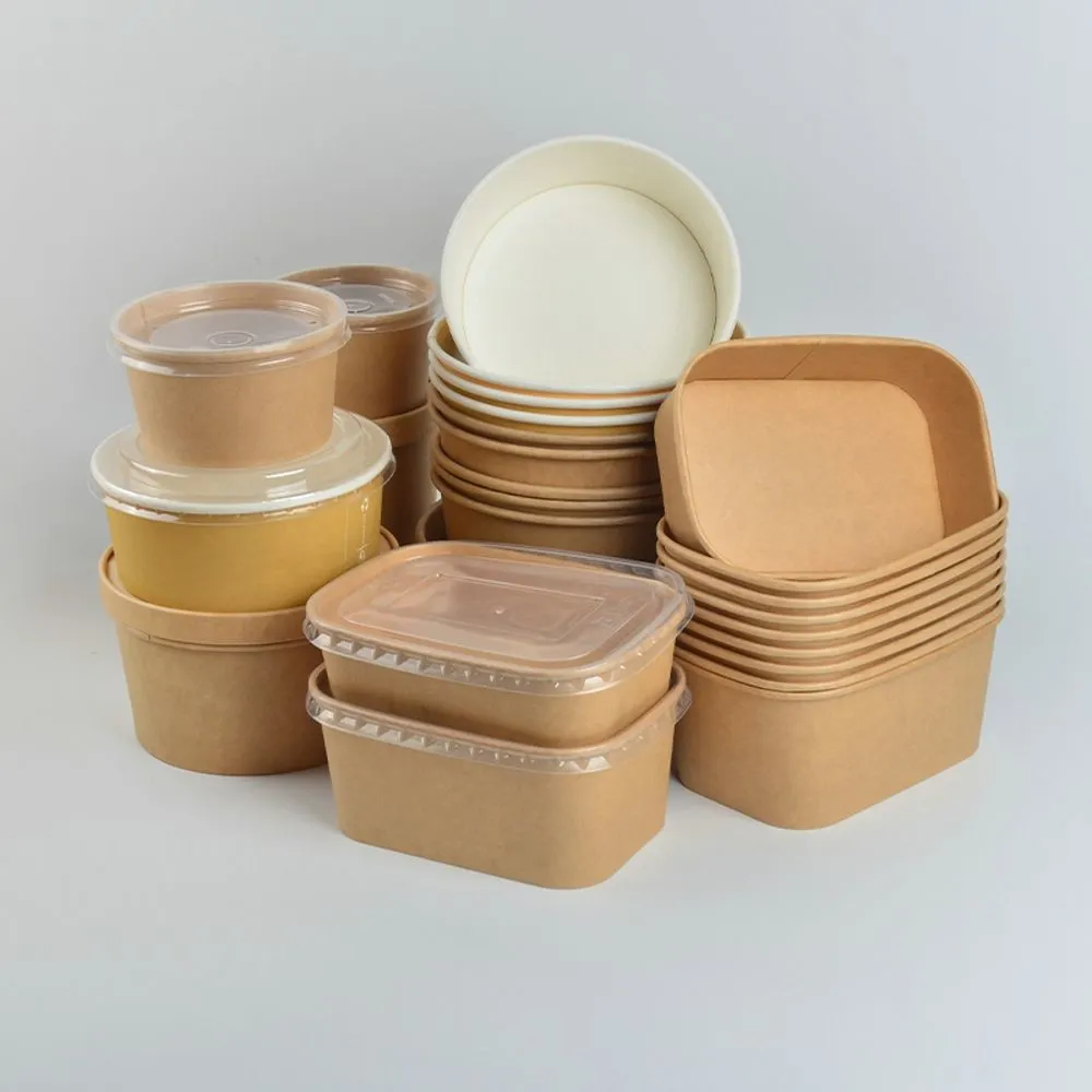 Disposable Food Round White Kraft Paper Soup Bowl with Lid