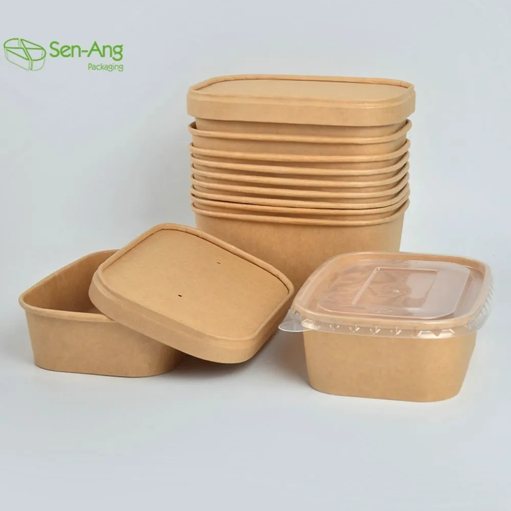 Square Rectangular 1000ml Take Out Paper Soup Kraft Bowl with Lid