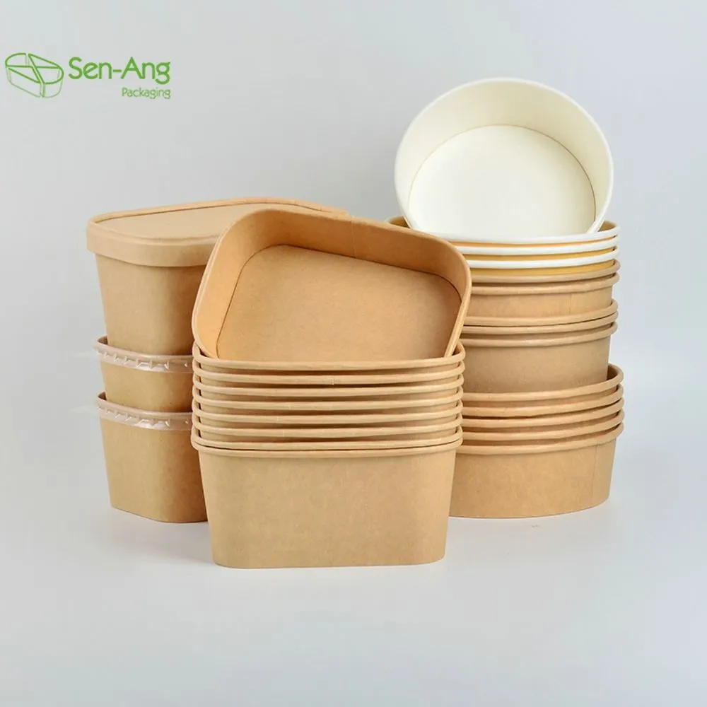 Disposable Kraft Paper PE Coating Take Away Rectangle Salad Bowl with Lid